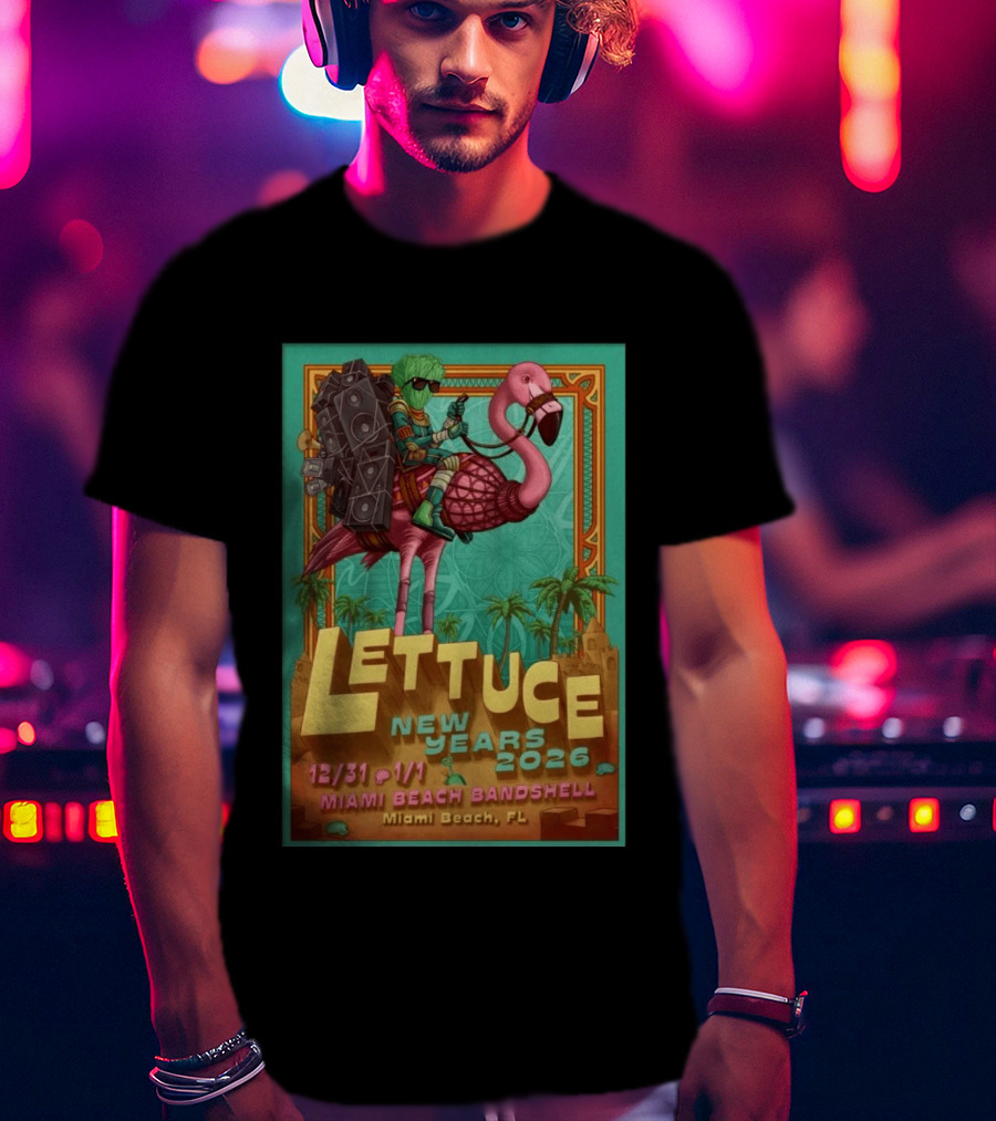 Lettuce New Years 2026 Miami Beach Bandshell Miami Beach FL With Sunglasses Flamingo And Speakers T-Shirt