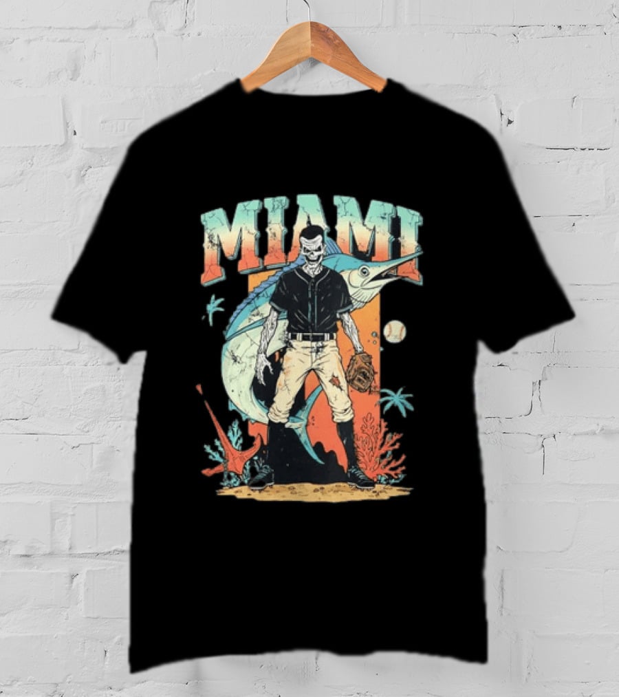 Miami Marlins Skeleton Baseball Player With Marlin And Tropical Vibes T-Shirt
