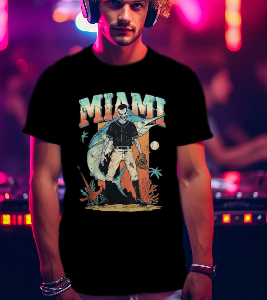 Miami Marlins Skeleton Baseball Player With Marlin And Tropical Vibes T-Shirt