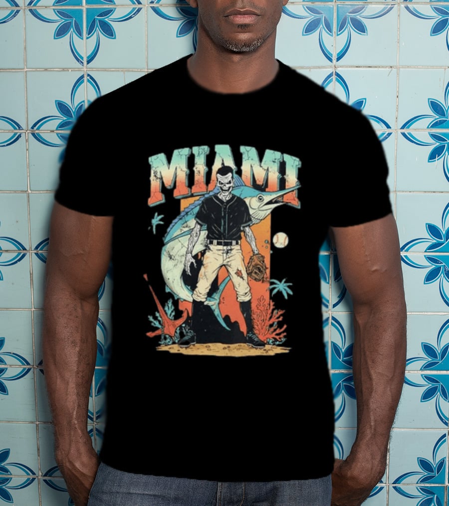 Miami Marlins Skeleton Baseball Player With Marlin And Tropical Vibes T-Shirt