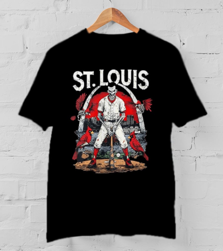 St. Louis Baseball Skeleton With Cardinals And Arch T-Shirt