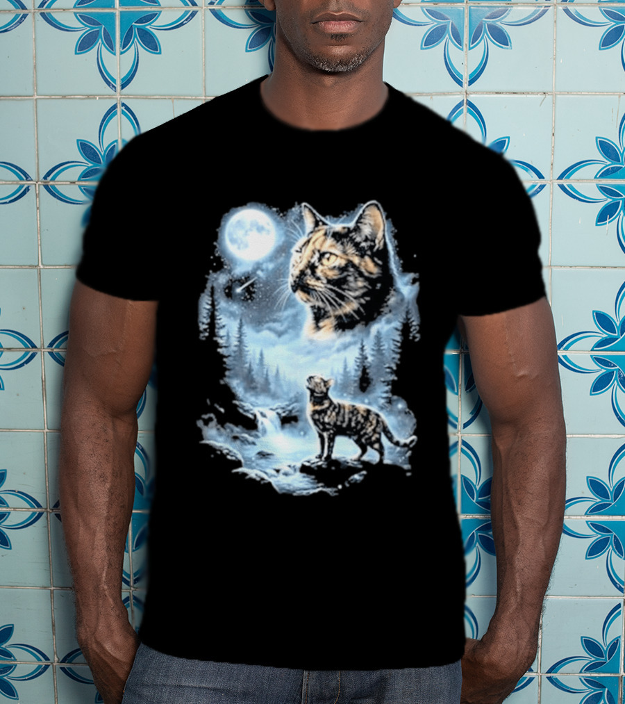 Tabby Cat Howling To The Moon Halloween Forest Scene T-Shirt