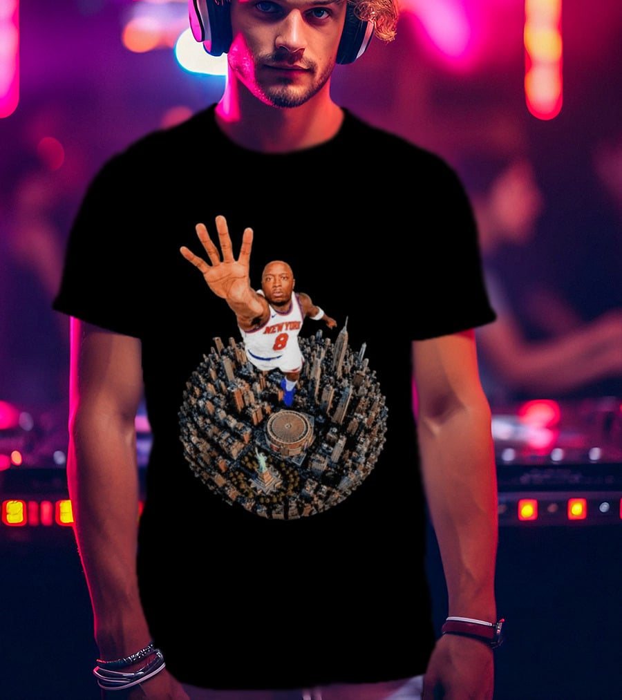New York Basketball Player Over Cityscape Statue At Madison Square Garden T-Shirt