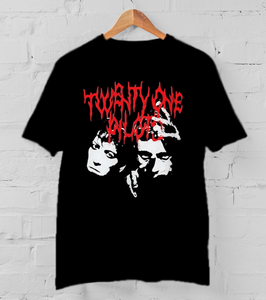 Twenty One Pilots Red Text Band Members Faces Dark Metal T-Shirt