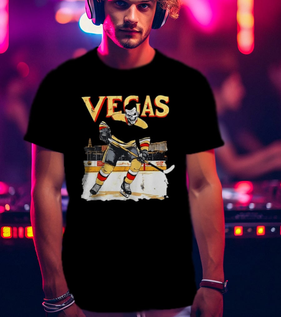 Vegas Hockey Skull Ice Arena Skyline Scene T-Shirt