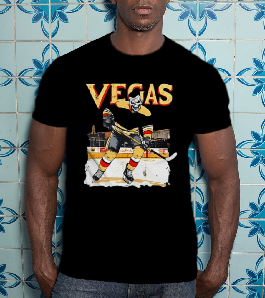 Vegas Hockey Skull Ice Arena Skyline Scene T-Shirt
