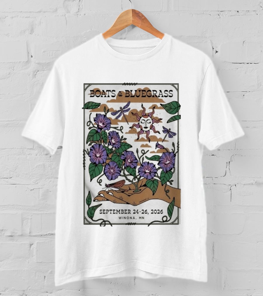 Boats And Bluegrass Winona MN September 24 26 2026 Sun Dragonflies Flowers Music Festival T-Shirt