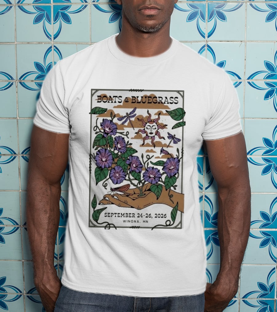 Boats And Bluegrass Winona MN September 24 26 2026 Sun Dragonflies Flowers Music Festival T-Shirt