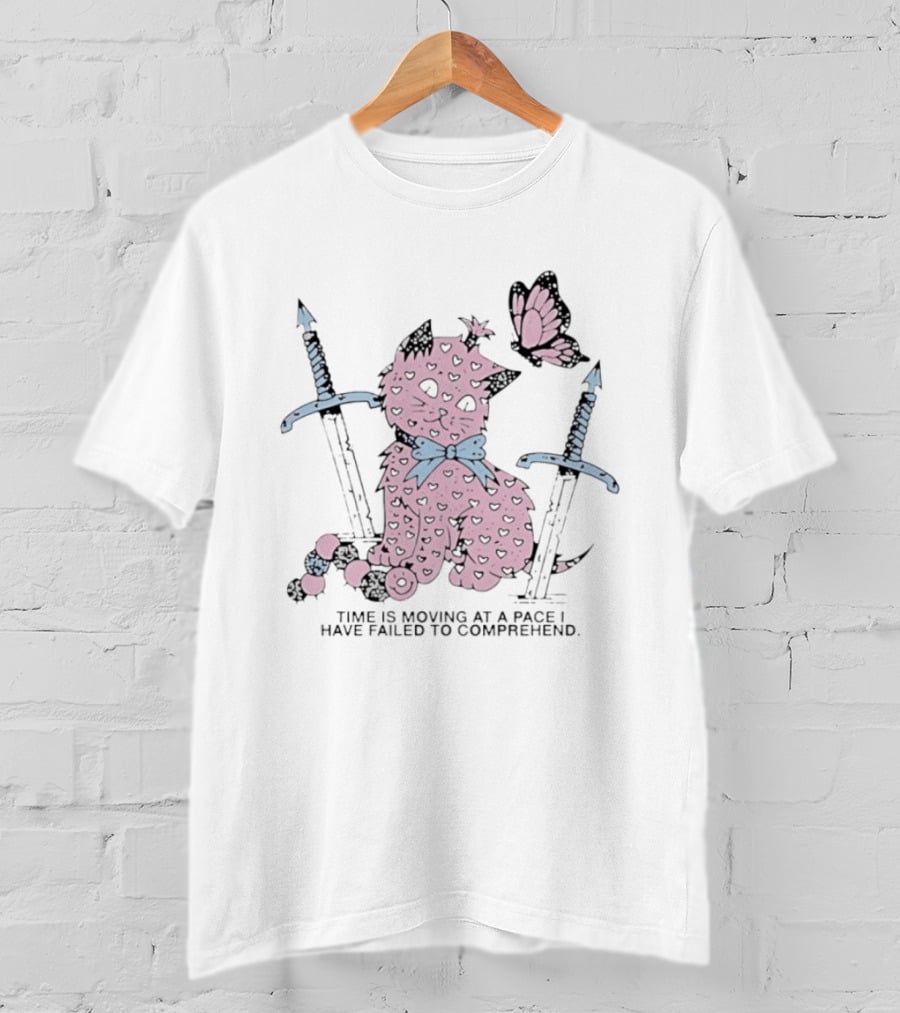 Pink Cat Butterfly Swords Time Is Moving At A Pace I Have Failed To Comprehend T-Shirt