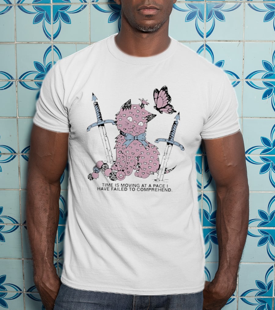 Pink Cat Butterfly Swords Time Is Moving At A Pace I Have Failed To Comprehend T-Shirt