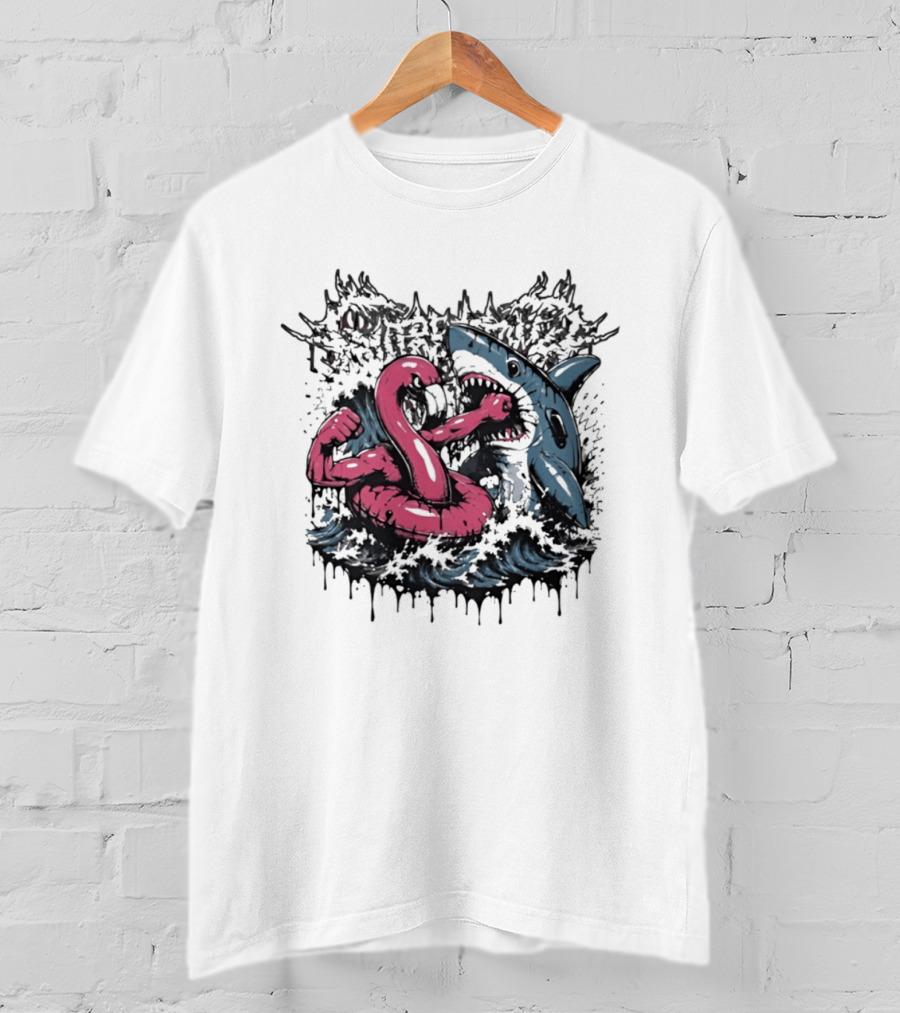 Flamingo Float Shark Fight Waves Duel T-Shirt