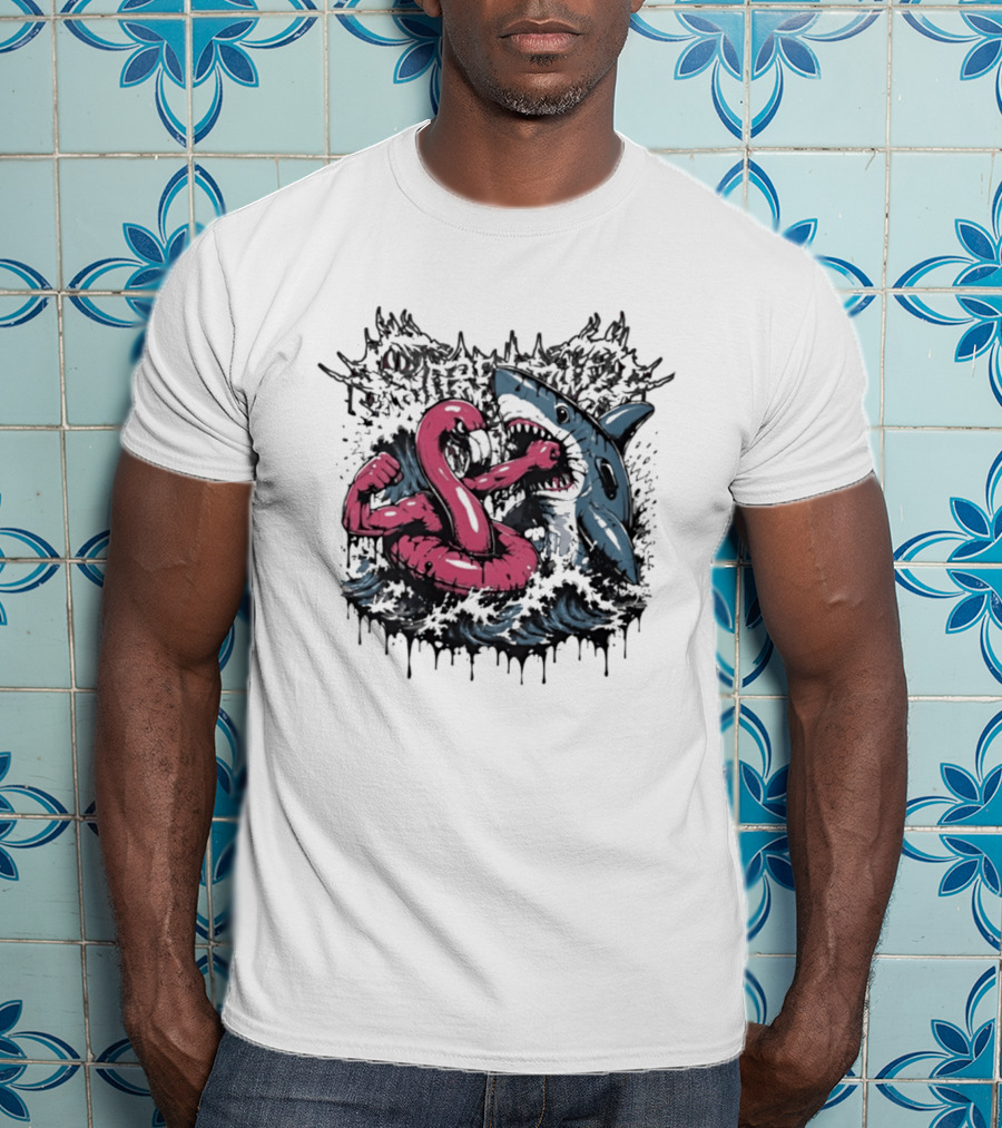 Flamingo Float Shark Fight Waves Duel T-Shirt