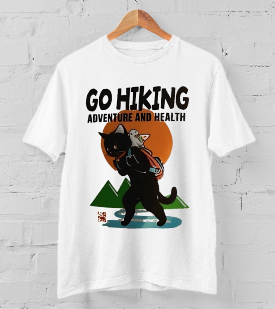 Go Hiking Adventure And Health Black Cat With Backpack And Bird T-Shirt