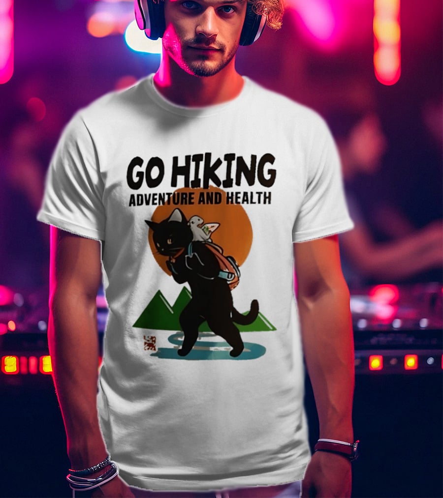 Go Hiking Adventure And Health Black Cat With Backpack And Bird T-Shirt