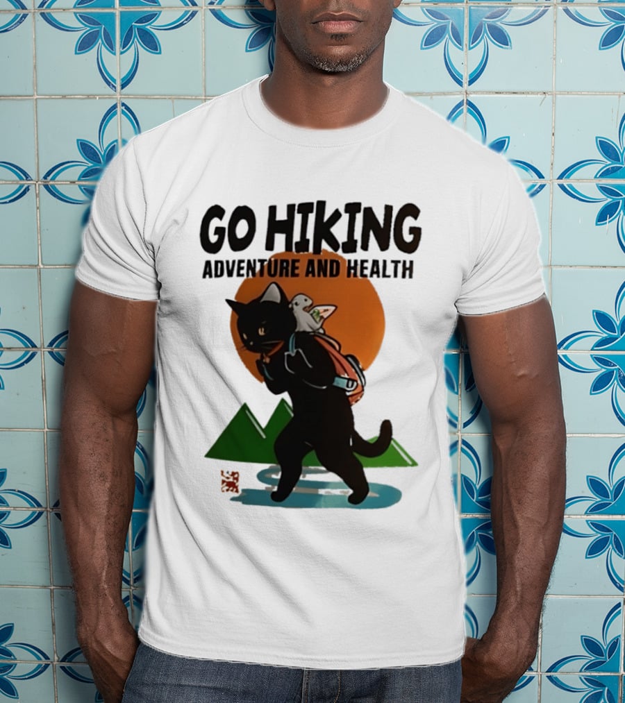 Go Hiking Adventure And Health Black Cat With Backpack And Bird T-Shirt