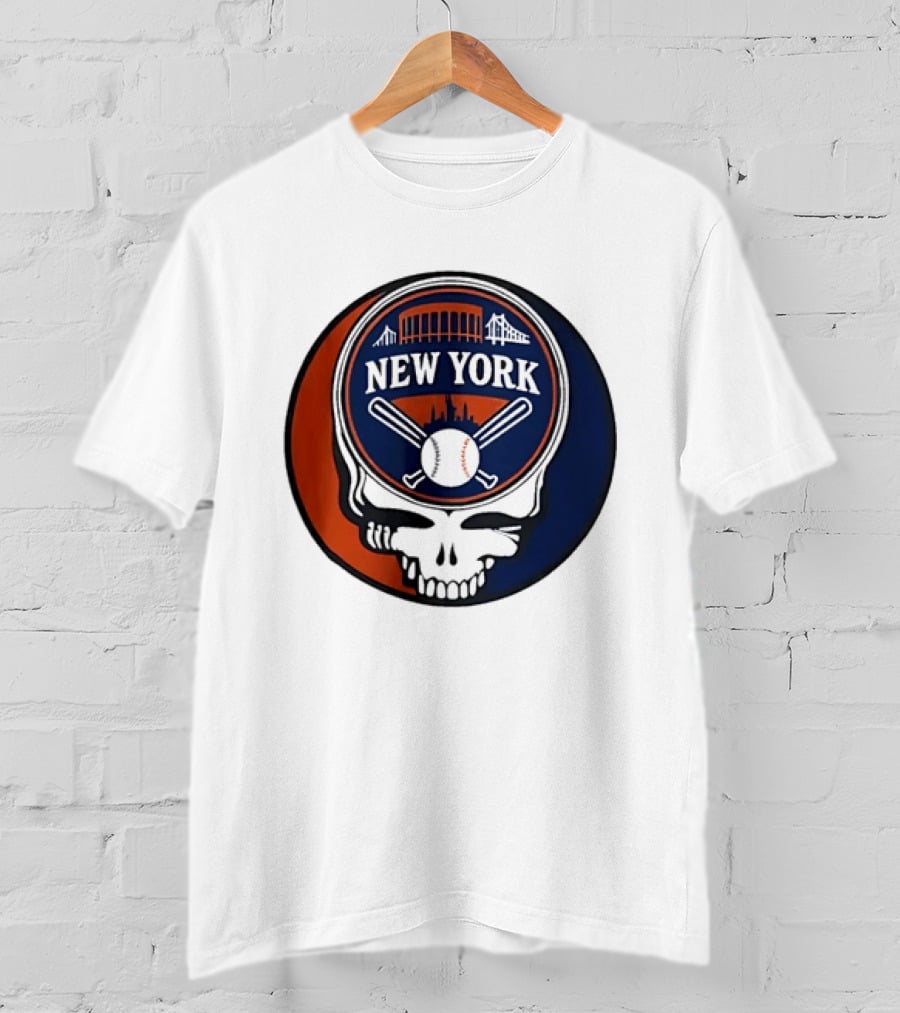 New York Mets Grateful Dead Skull Baseball Orange Blue Stadium T-Shirt