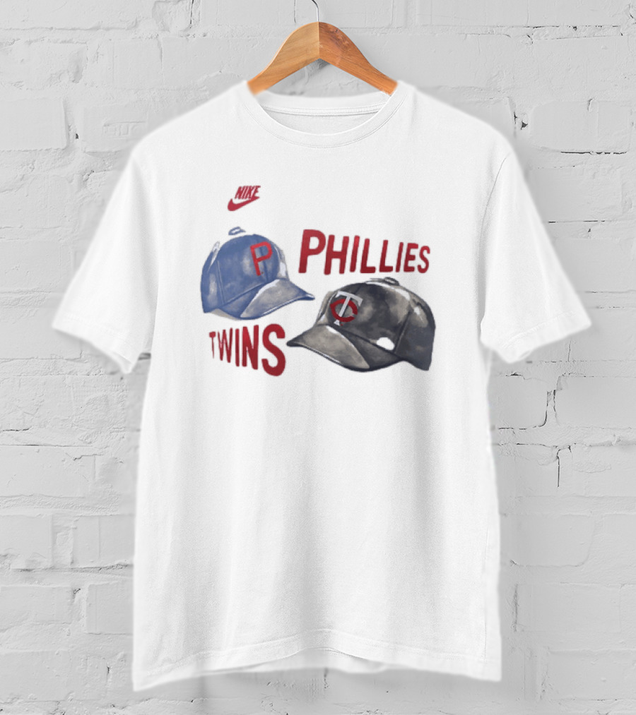 Philadelphia Phillies P Baseball Cap And Minnesota Twins TC Hat Iconic Collaboration With Retro Nike Swoosh T-Shirt