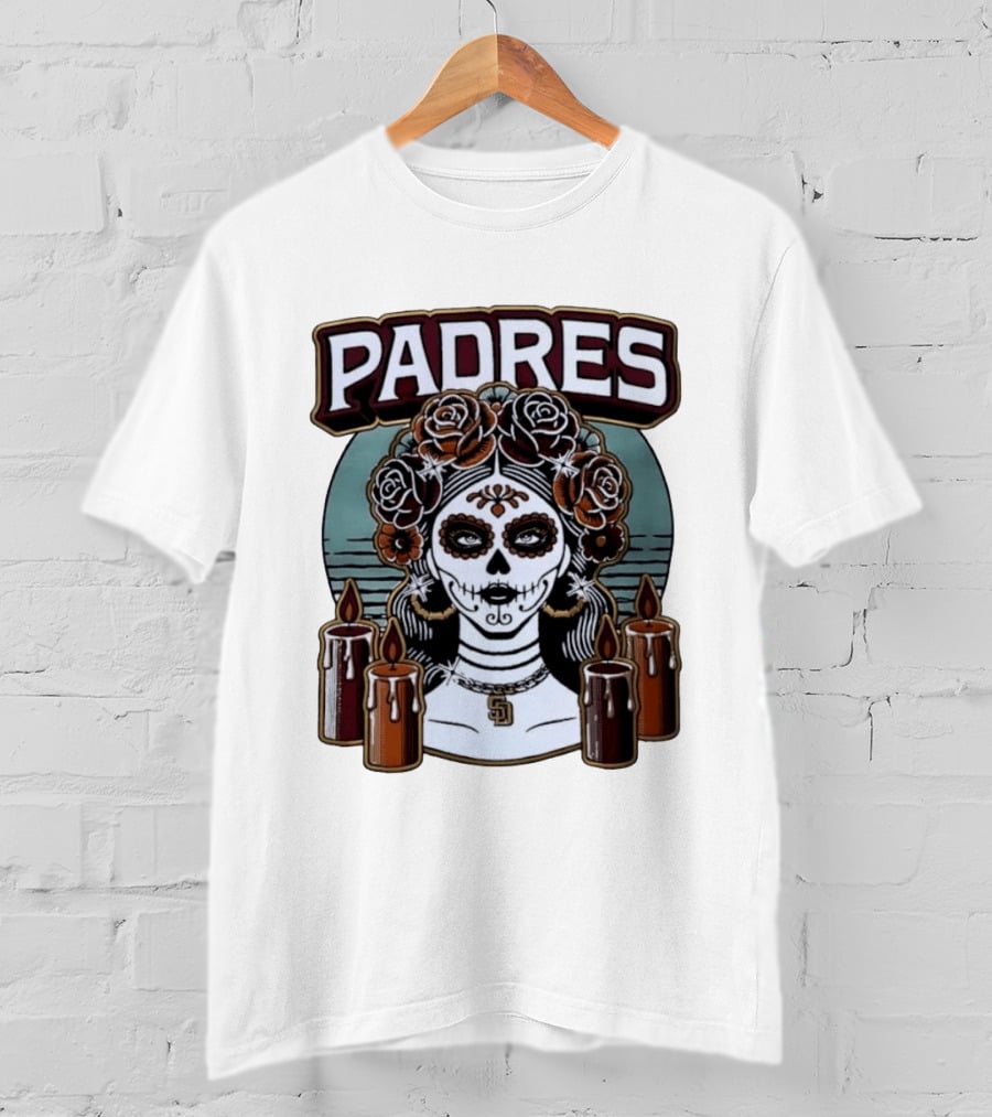 Padres Sugar Skull Woman With SD Pendant And Candles T-Shirt