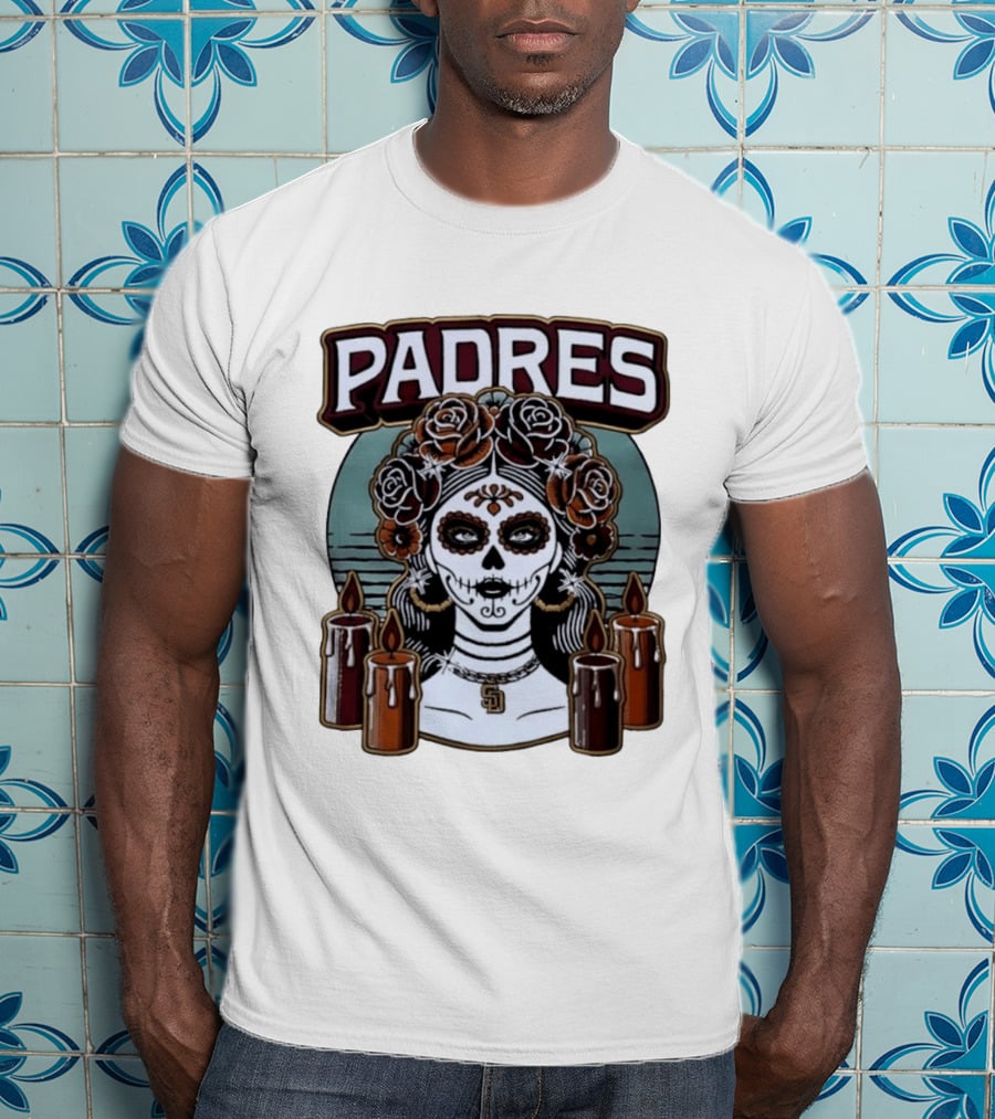 Padres Sugar Skull Woman With SD Pendant And Candles T-Shirt