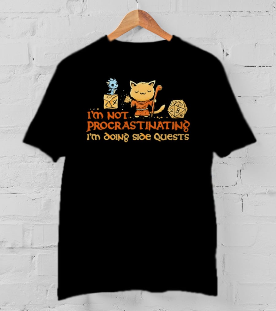I'm Not Procrastinating I'm Doing Side Quests Cat Wizard Magic Adventure T-Shirt