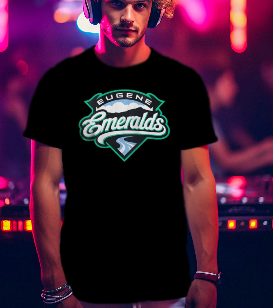 Eugene Emeralds Baseball Team Green Crest With Mountains And River Motif T-Shirt