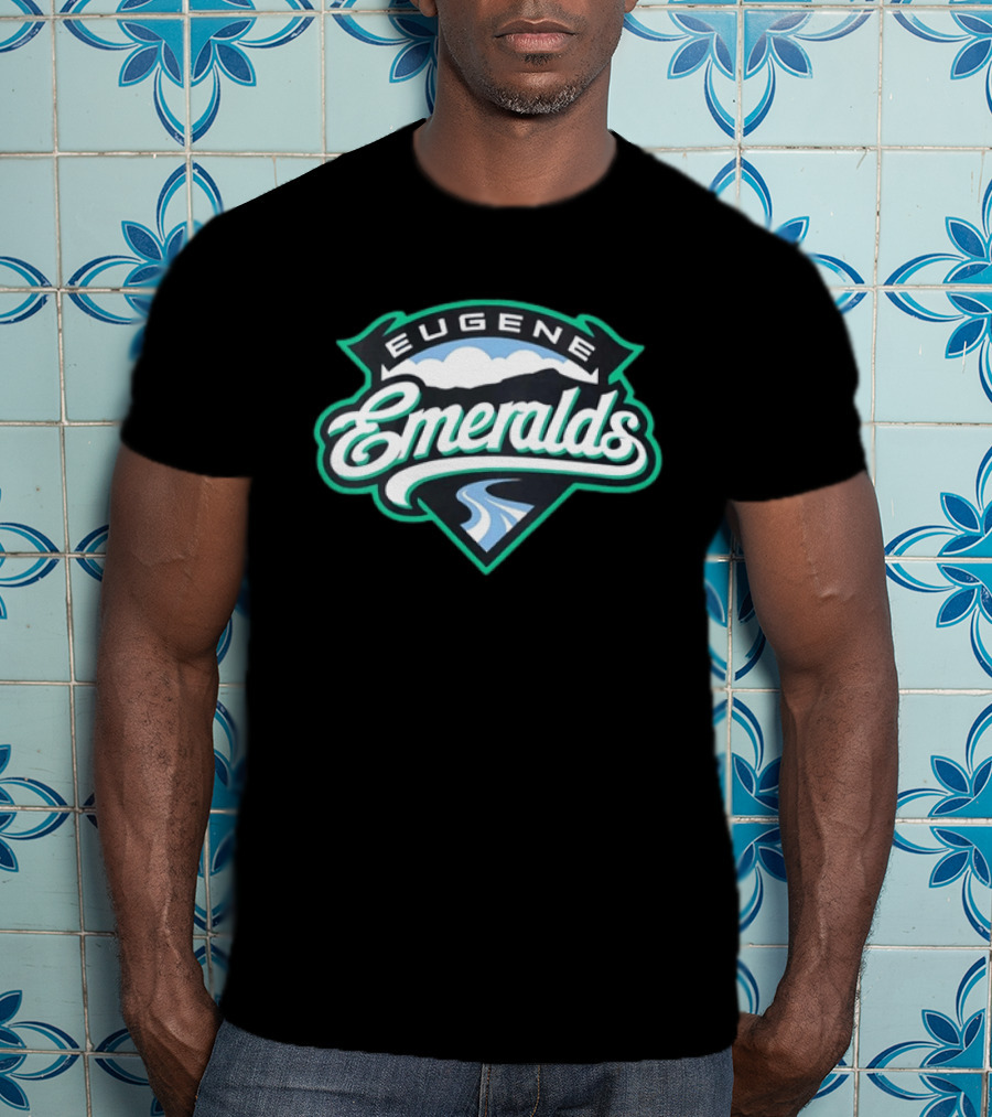 Eugene Emeralds Baseball Team Green Crest With Mountains And River Motif T-Shirt