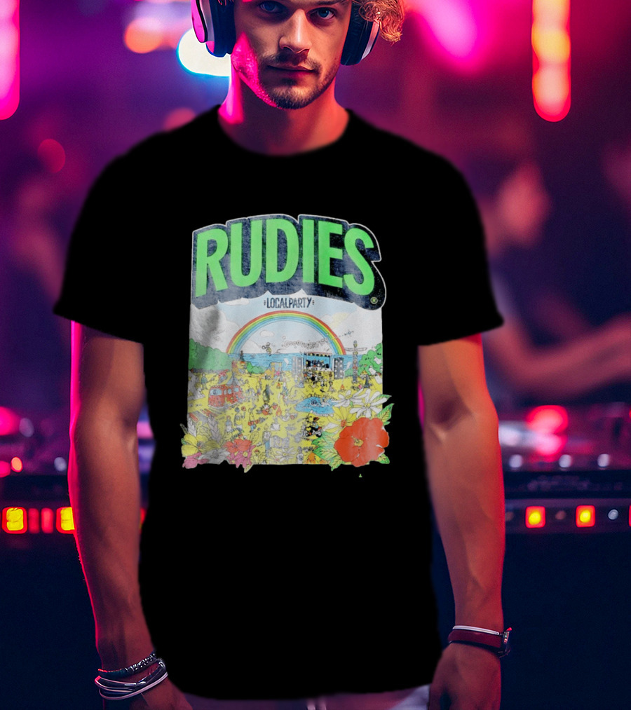 Rudie's 35th Anniversary Local Party Featuring 10 Feet G Freak Factory Dustboz Colorful Celebration With Rainbow And Flowers T-Shirt