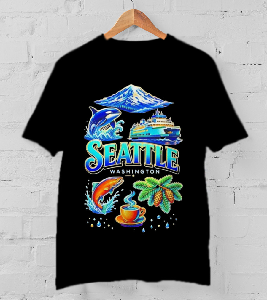 Seattle Washington Orca Whale Ferry Salmon Coffee Pine Cones Mount Rainier T-Shirt