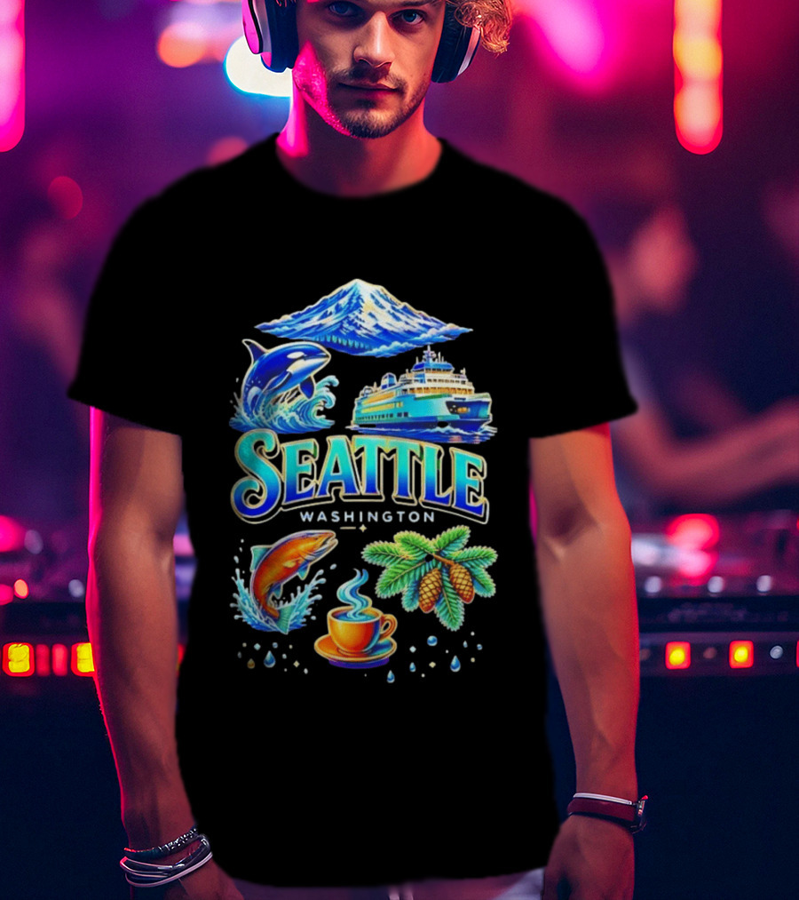 Seattle Washington Orca Whale Ferry Salmon Coffee Pine Cones Mount Rainier T-Shirt