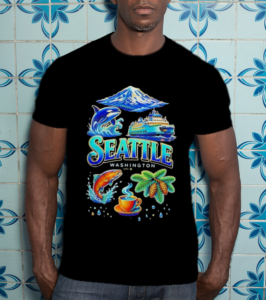 Seattle Washington Orca Whale Ferry Salmon Coffee Pine Cones Mount Rainier T-Shirt