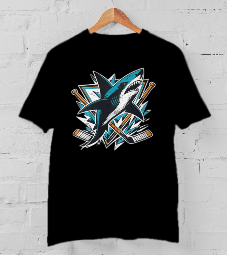 San Jose Sharks Hockey Attack Emblem With Shark And Crossed Hockey Sticks T-Shirt