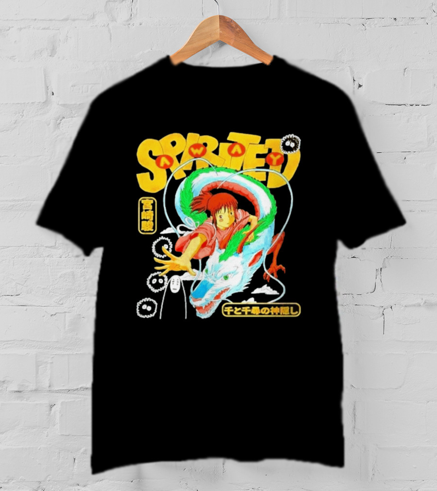 Spirited Away Chihiro Riding Haku Dragon Japanese Text No Face Soot Sprites T-Shirt