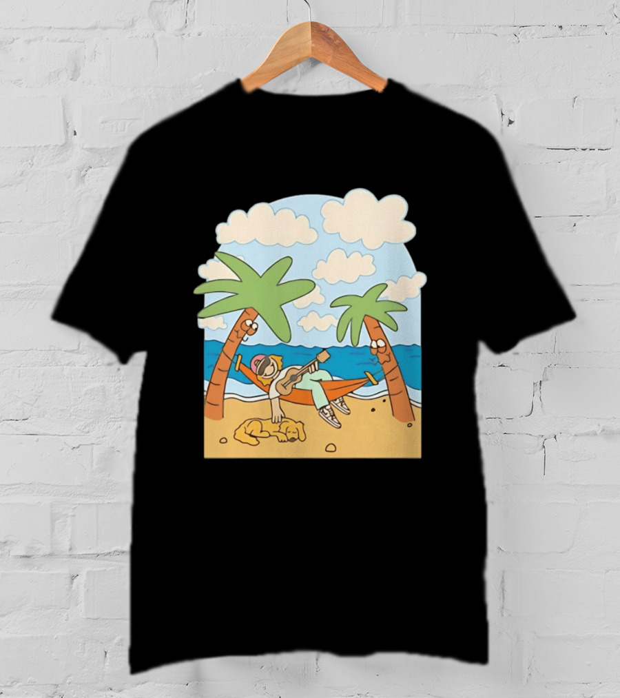 Hammock Guitar Player With Sleeping Dog On Tropical Beach Scene T-Shirt