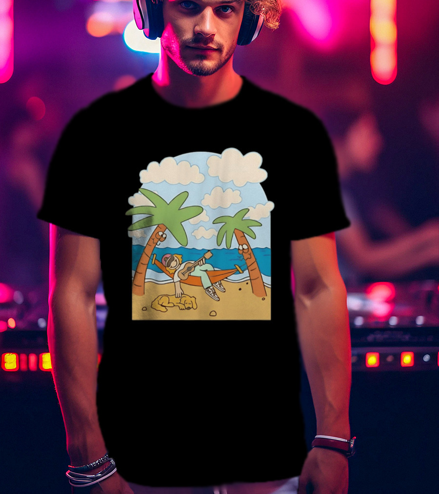 Hammock Guitar Player With Sleeping Dog On Tropical Beach Scene T-Shirt