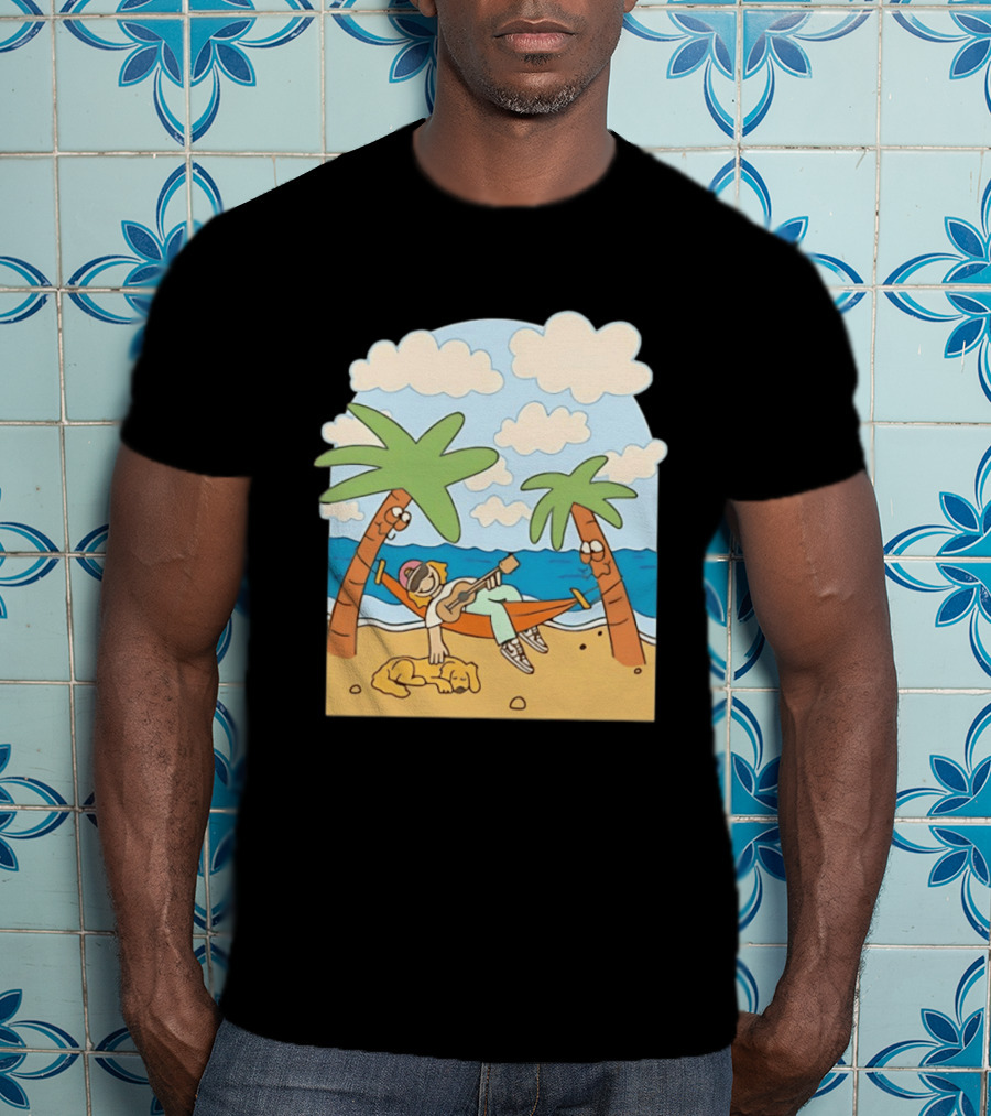 Hammock Guitar Player With Sleeping Dog On Tropical Beach Scene T-Shirt