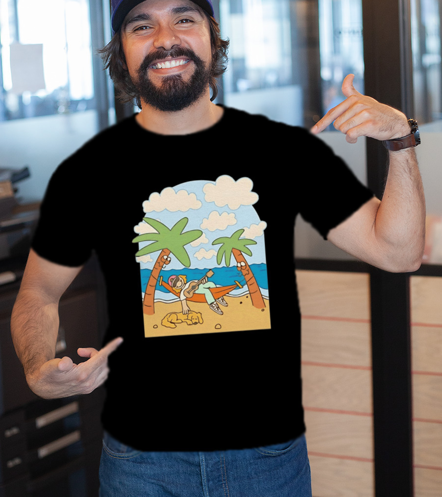 Hammock Guitar Player With Sleeping Dog On Tropical Beach Scene T-Shirt