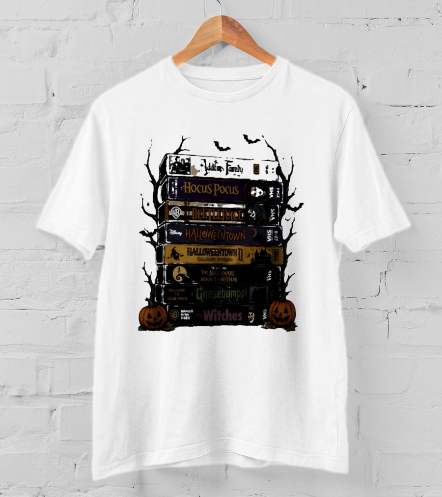 The Addams Family Hocus Pocus Beetlejuice Halloweentown Halloween II The Nightmare Before Christmas Goosebumps The Witches VHS Stack T-Shirt