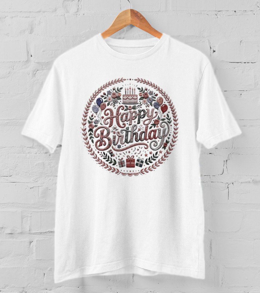 Happy Birthday Cake Balloons Wreath Celebration T-Shirt
