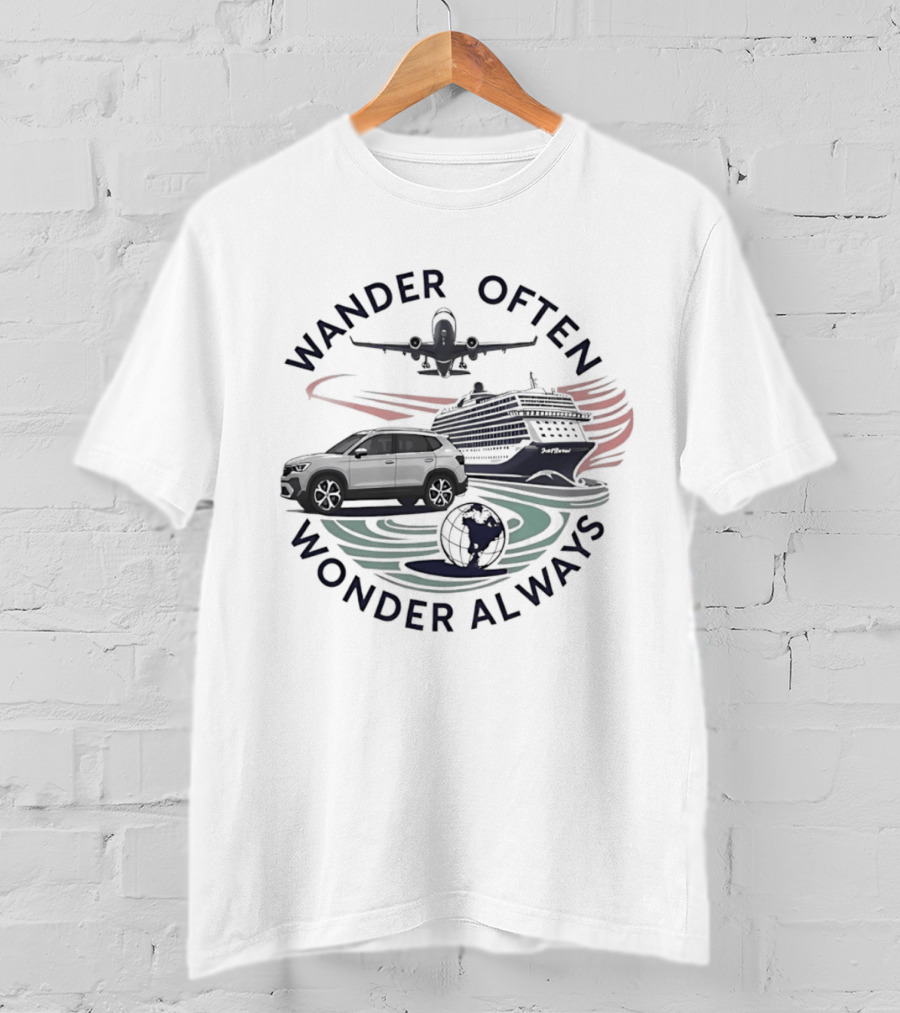 Wander Often Wonder Always Plane Car Ship Travel Adventure T-Shirt