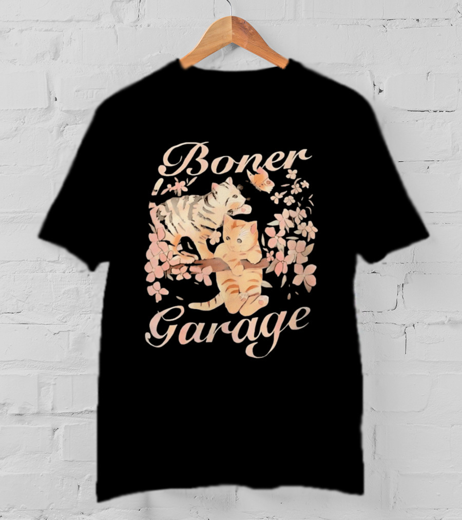 Boner Garage Cats Cherry Blossoms And Butterfly T-Shirt