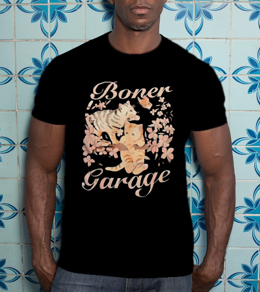 Boner Garage Cats Cherry Blossoms And Butterfly T-Shirt