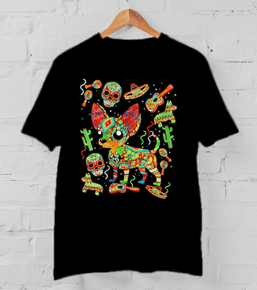 Fiesta Chihuahua Mexican Dia De Los Muertos Colorful Skull Sombrero Cactus Dog T-Shirt