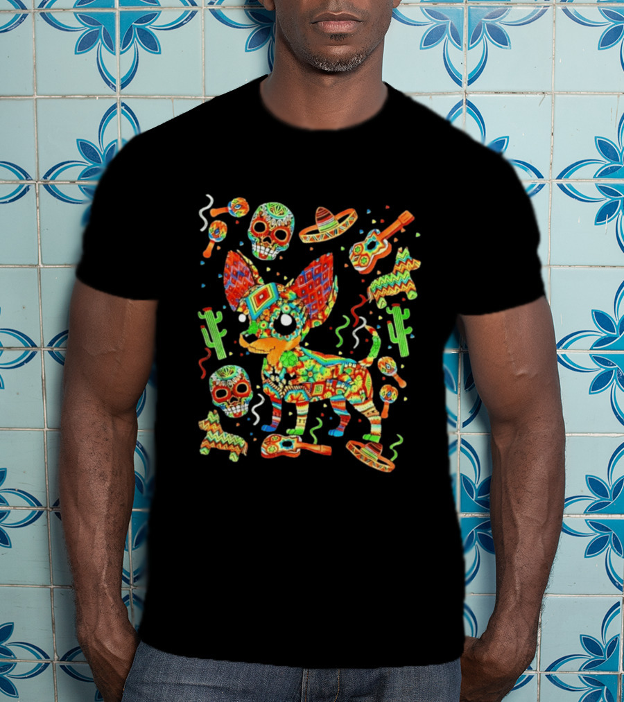 Fiesta Chihuahua Mexican Dia De Los Muertos Colorful Skull Sombrero Cactus Dog T-Shirt