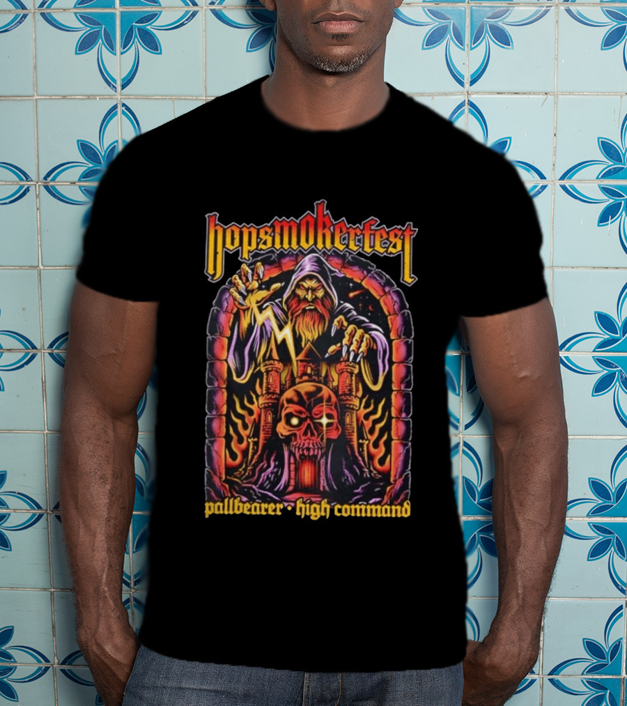 Hopsmokerfest Pallbearer High Command Wizard Lightning Bolt Skull Castle T-Shirt