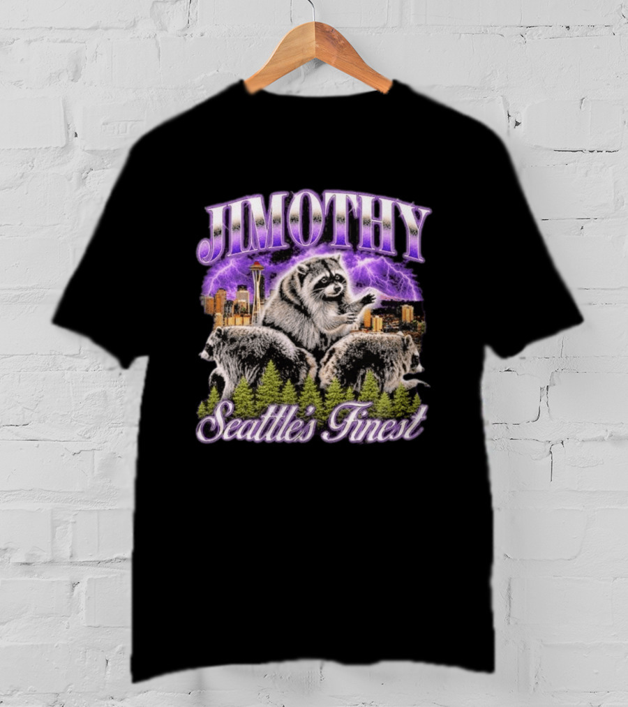 Jimothy Raccoon Seattle's Finest Purple Lightning Skyline And Forest T-Shirt