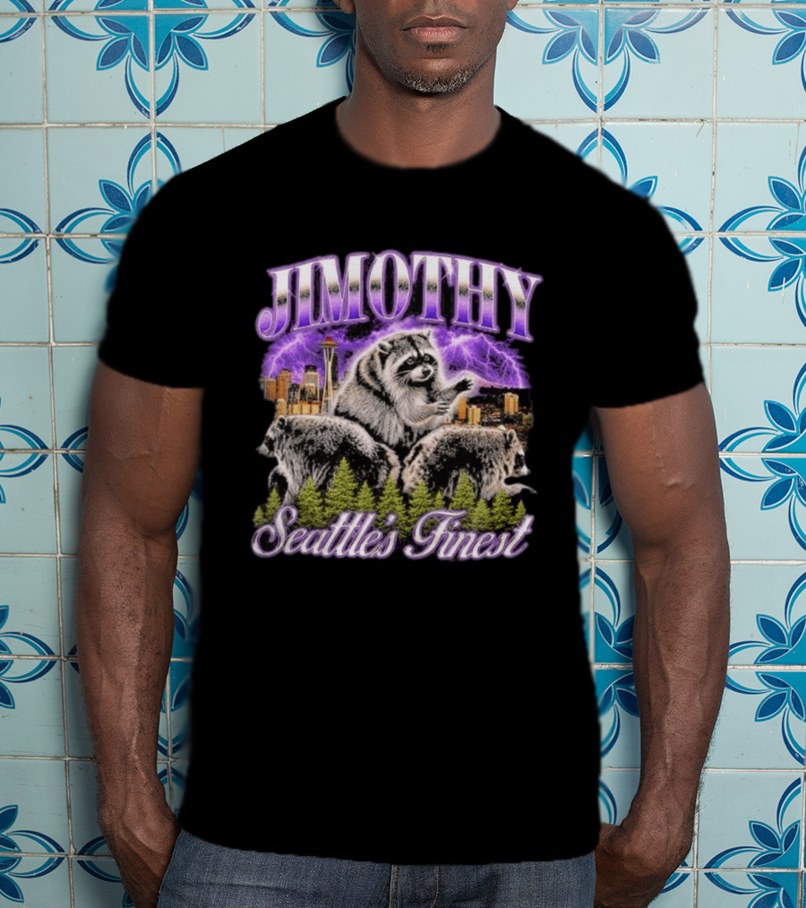 Jimothy Raccoon Seattle's Finest Purple Lightning Skyline And Forest T-Shirt