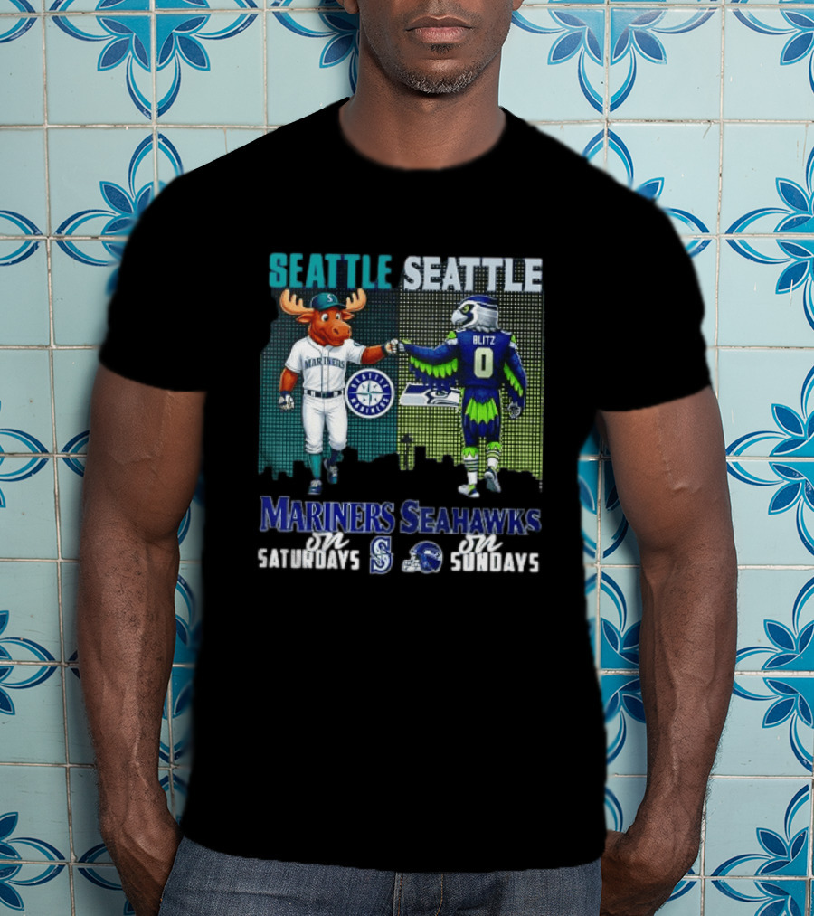 Seattle Mariners Moose And Seahawks Blitz On Saturdays Sundays T-Shirt