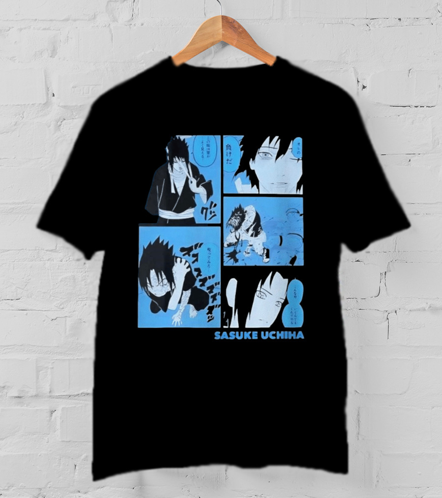Sasuke Uchiha Cursed Seal Battle Manga Panels Blue Version T-Shirt