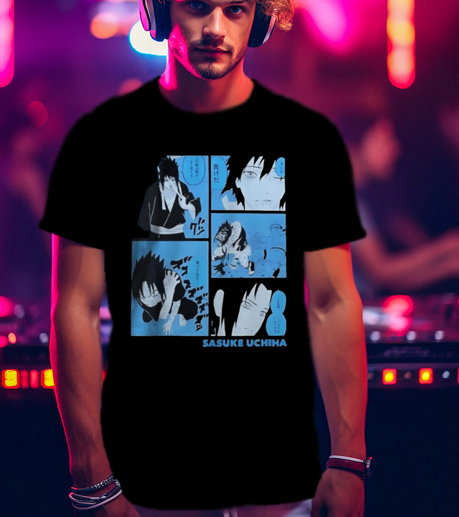 Sasuke Uchiha Cursed Seal Battle Manga Panels Blue Version T-Shirt