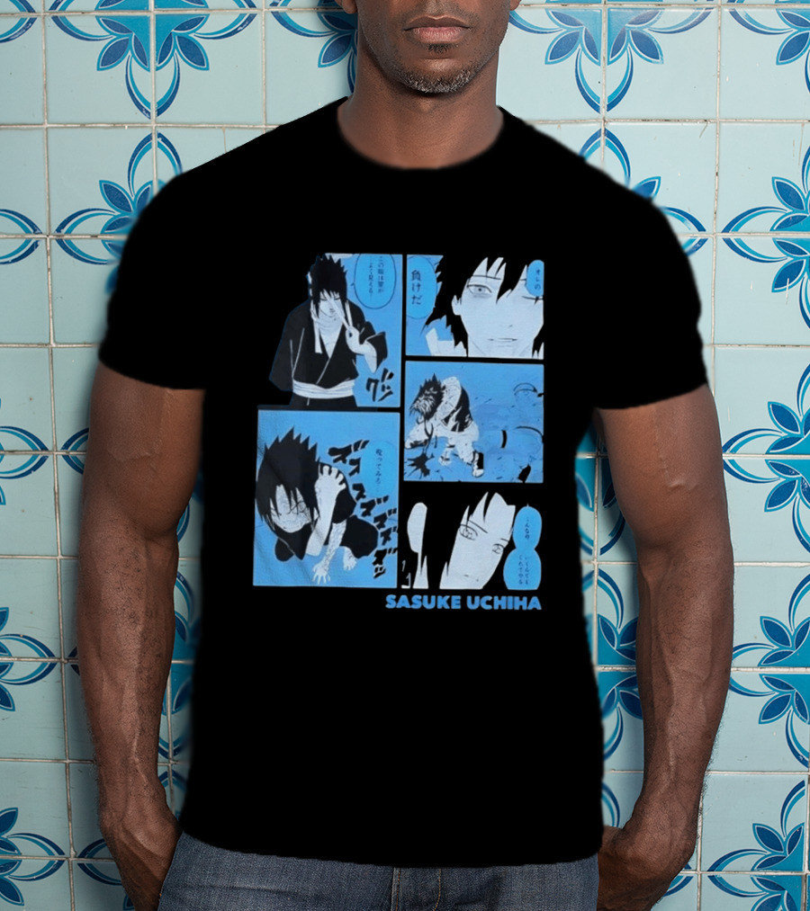 Sasuke Uchiha Cursed Seal Battle Manga Panels Blue Version T-Shirt